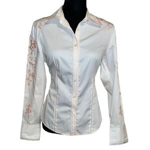 Think Tank White Long Sleeve Orange Embroidery Wester Button down Shirt